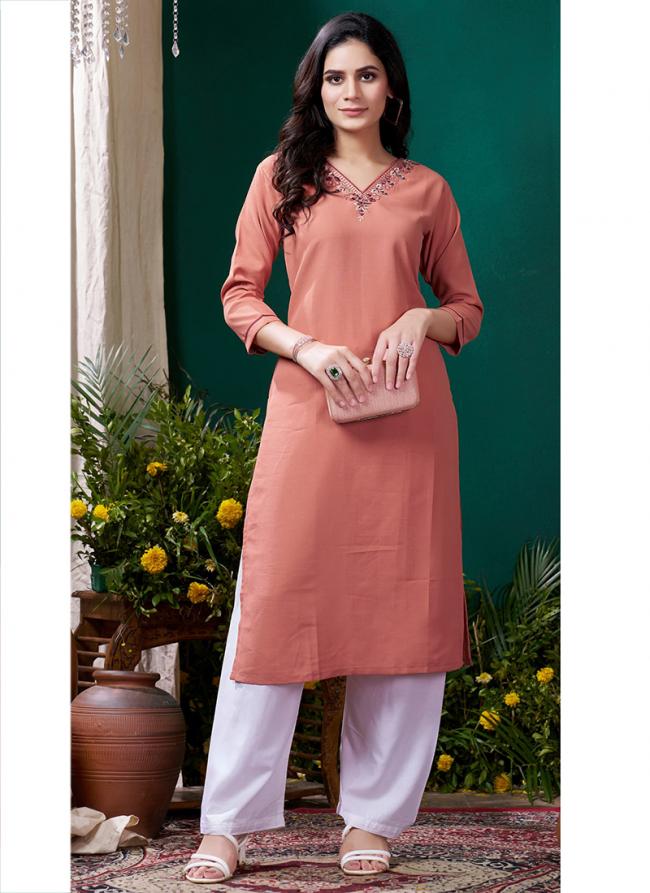 Cotton Peach Casual Wear Hand Work Readymade Kurti With Pant